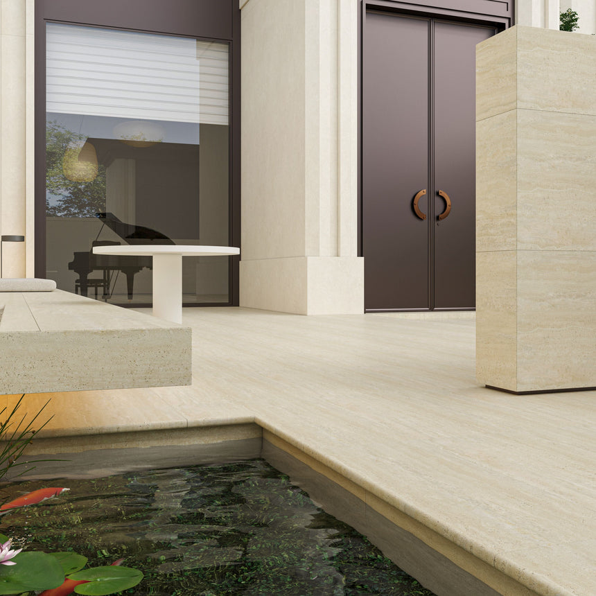 Avoca 400x600 Round Edge Bullnose External Bullnose Sabbia Vein Cut Travertine Look Tile