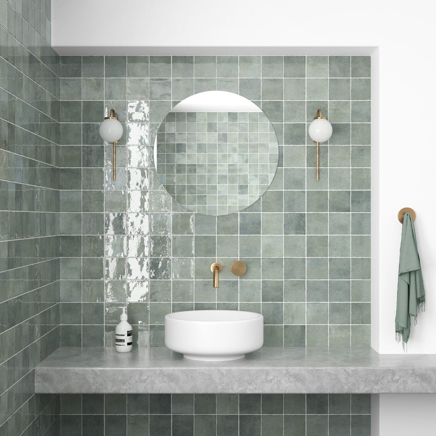 International MTC Majorca Mint Gloss 100x100mm tiles in an interior setting