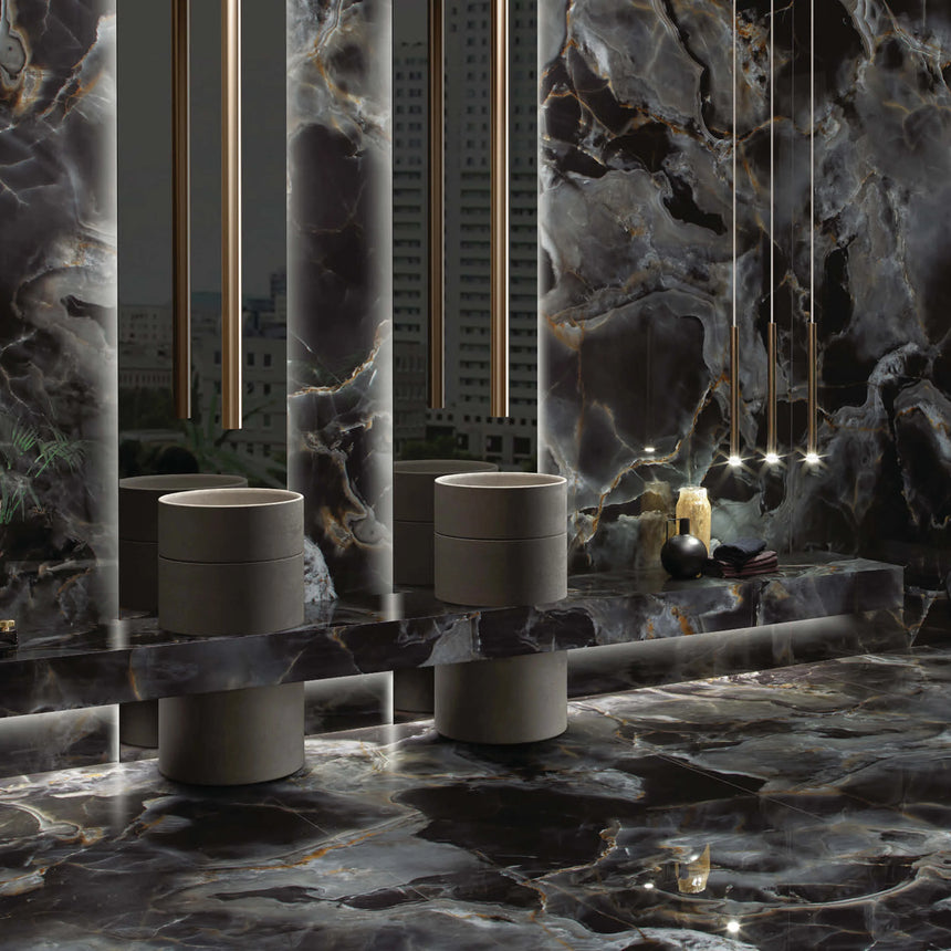 Onice Reale Black Diamond 600x1200mm Polished Onyx Marble Look Porcelain Tile