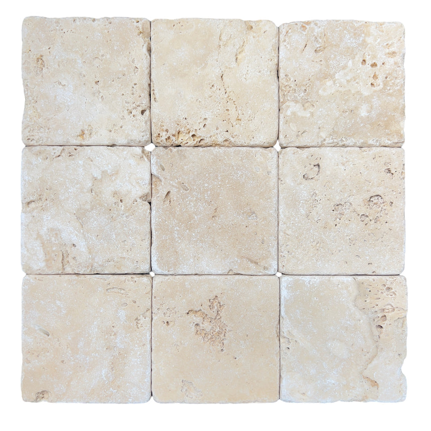 Rome Square Light Natural Travertine Mosaic Tile Tumbled 100x100mm
