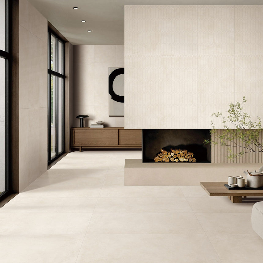 Venice Sabbia 600x1200mm Matt flooring with a matching 3D Capsule fireplace feature wall