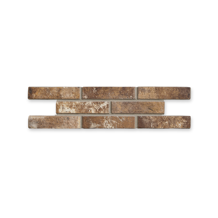 London Brick Sunset 60x250mm porcelain tiles in three staggered rows on white with a subtle shadow