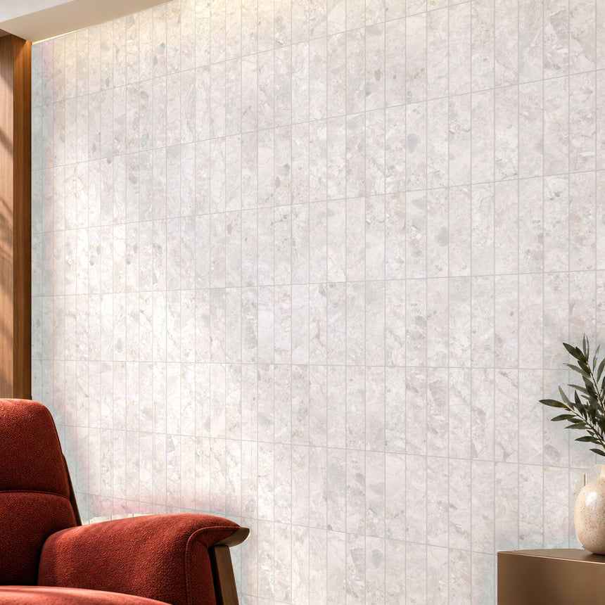 Matera Luna White 60x250mm stone look subway tiles, vertical stacked feature wall with concealed warm lighting, design illustration