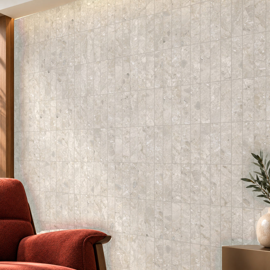Matera Terra Greige 60x250mm stone look subway tiles, vertical stacked feature wall with concealed warm lighting, design illustration