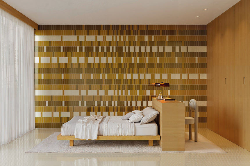 Bedroom feature wall mixing Micare Ambar Medium, Ambar Dark and Linen Medium tiles, with a Linen Medium floor.