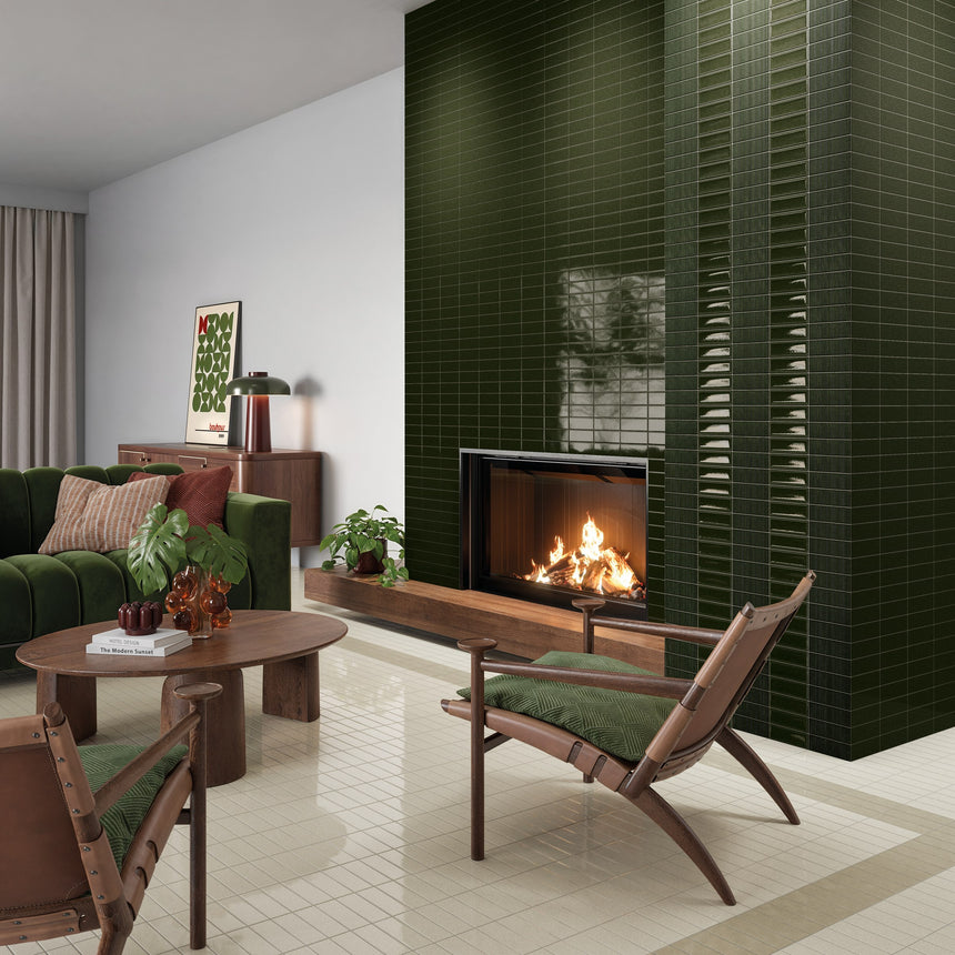 Living room fireplace surround in Micare Evergreen Dark flat, Canale and Rim tiles; Linen Medium and Dark floor.