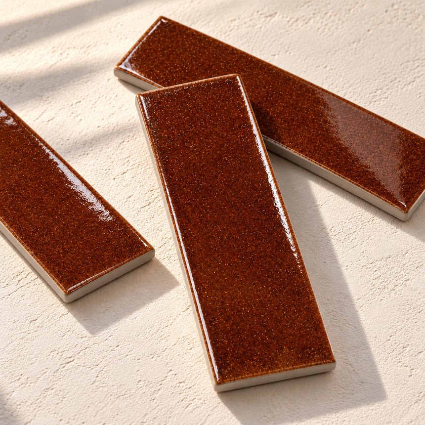 Micare Saffron Dark Gloss Porcelain Wall Tile 50x150mm — AI-generated styled preview; refer to original tile photo and physical sample for colour and finish