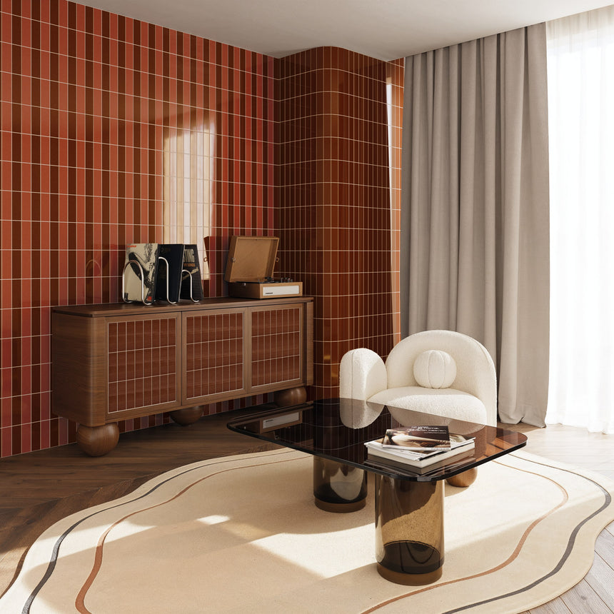 Living room with Micare Saffron Medium and Dark wall tiles and a sideboard clad in Canale Saffron Dark.