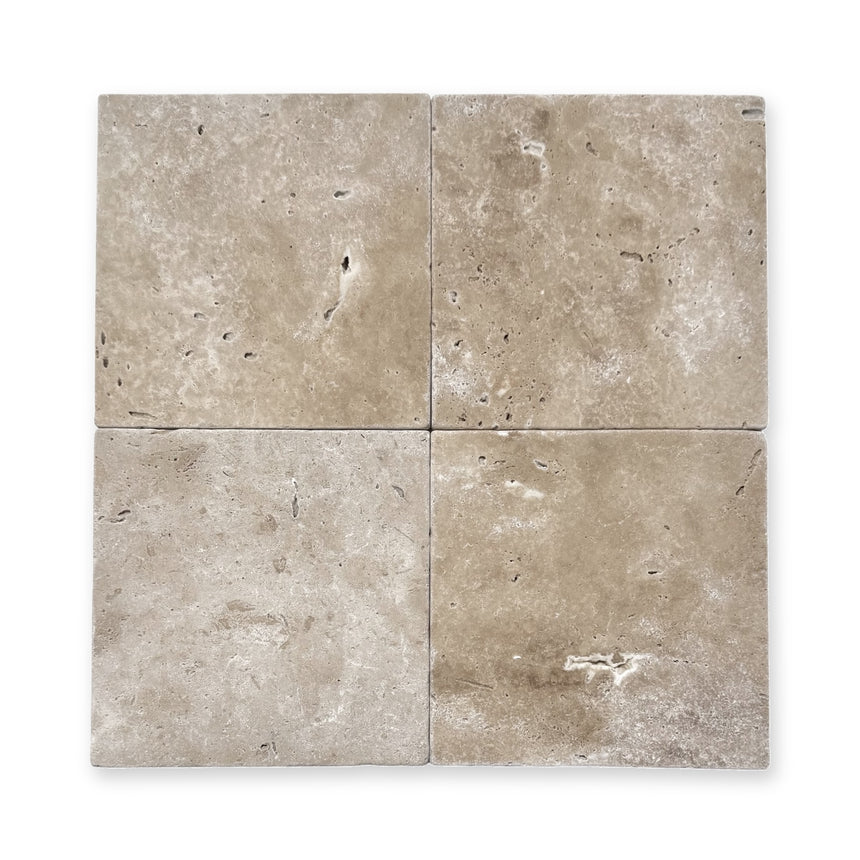 Rome natural travertine 150x150mm tumbled square tiles showing earthy tones and natural variation