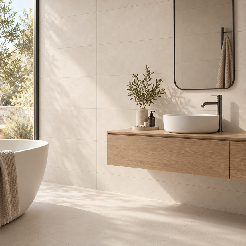 Design illustration (AI-generated): Venice Sabbia 300x600mm Matt Concrete Look Tile in a bathroom styling concept
