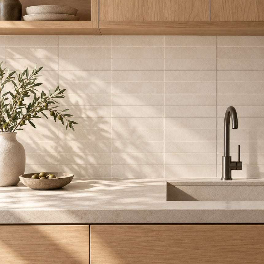 Design illustration (AI-generated): Venice Sabbia 60x250mm Matt Subway Tile in a kitchen styling concept