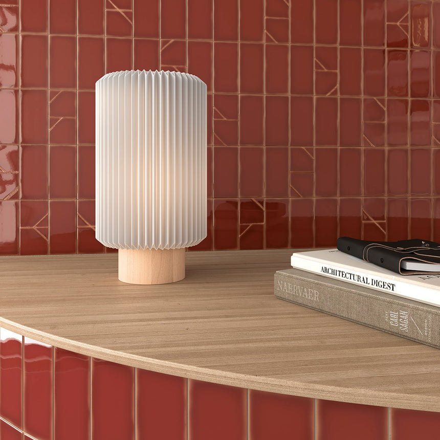 WOW Yoko Bordo room setting with flat and Origami gloss ceramic wall tiles