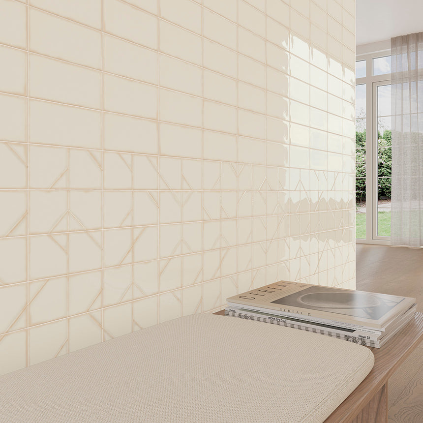 WOW Yoko Daisy room setting with flat and Origami gloss ceramic wall tiles