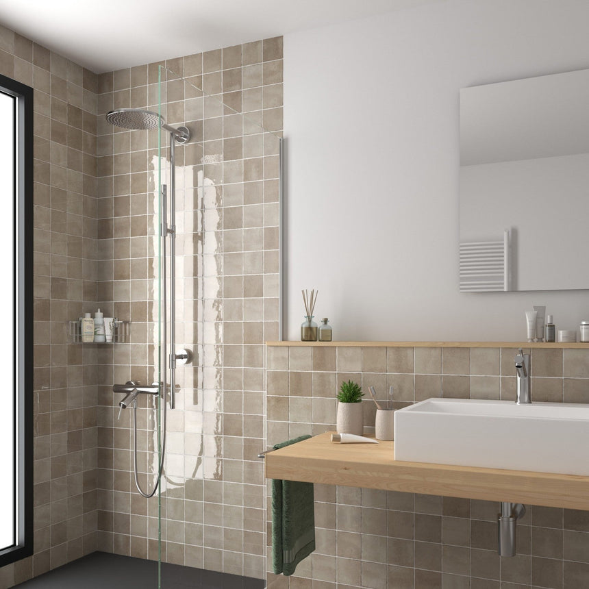 International MTC Majorca Taupe Gloss 100x100mm tiles in an interior setting