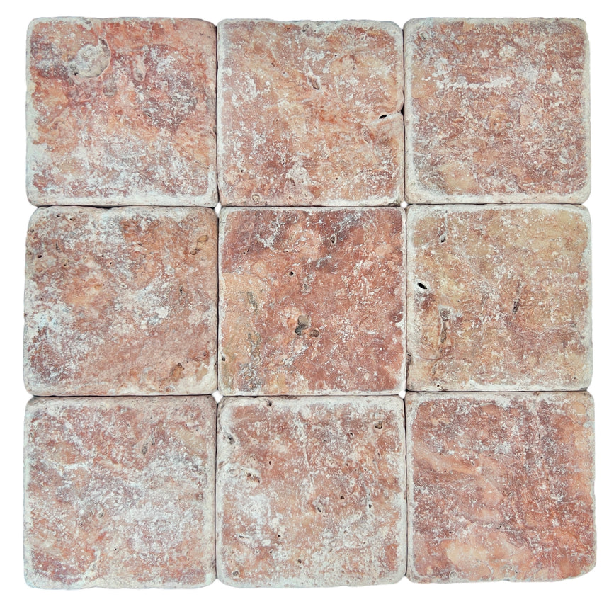 Red Travertine Tumbled Natural Stone Square Tile 100x100mm