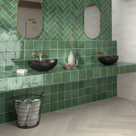 Tabarca Verde Gloss 150x150mm Large Square Handmade Look Green Tile
