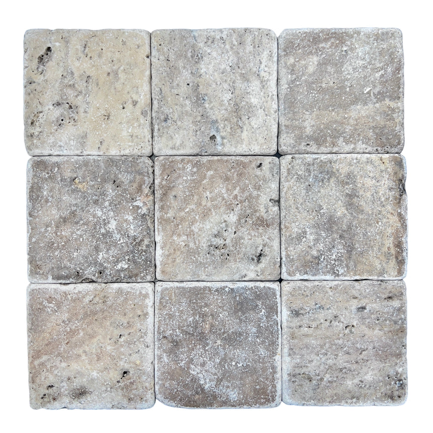 Silver Travertine Tumbled Natural Stone Square Tile 100x100mm