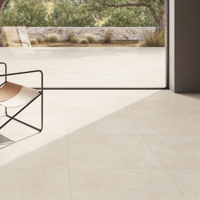 Venice Crema 600x600mm Matt Concrete Look Square Tile shown in a supplier lifestyle setting