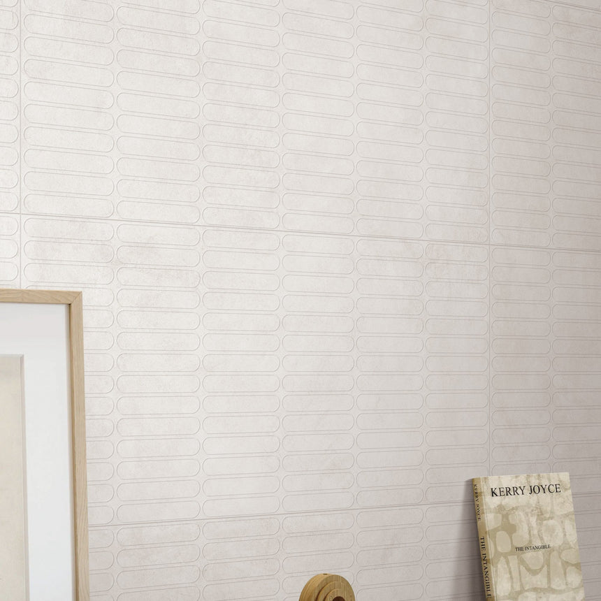 Venice Bianco 600x1200mm Matt 3D Capsule feature wall above a timber console
