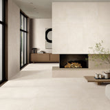 Venice Sabbia 600x1200mm Matt flooring with a matching 3D Capsule fireplace feature wall