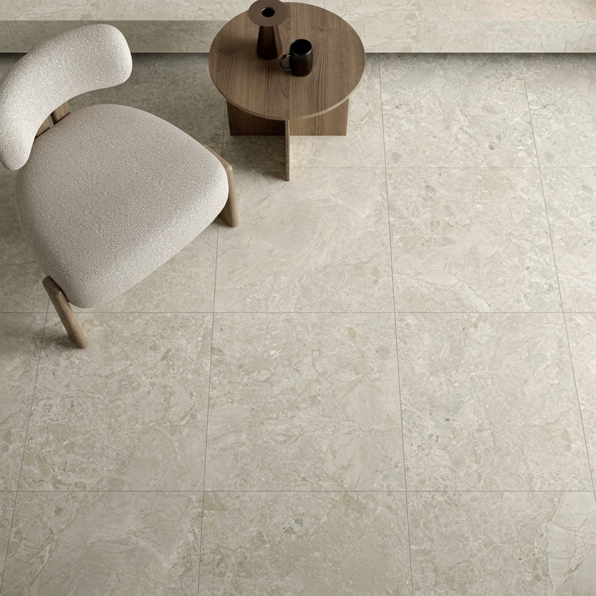 Matera Terra Greige stone look tiles in a room setting, square lifestyle image