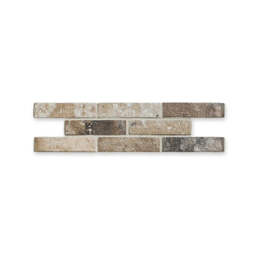 London Brick Beige 60x250mm porcelain tiles in three staggered rows on white with a subtle shadow