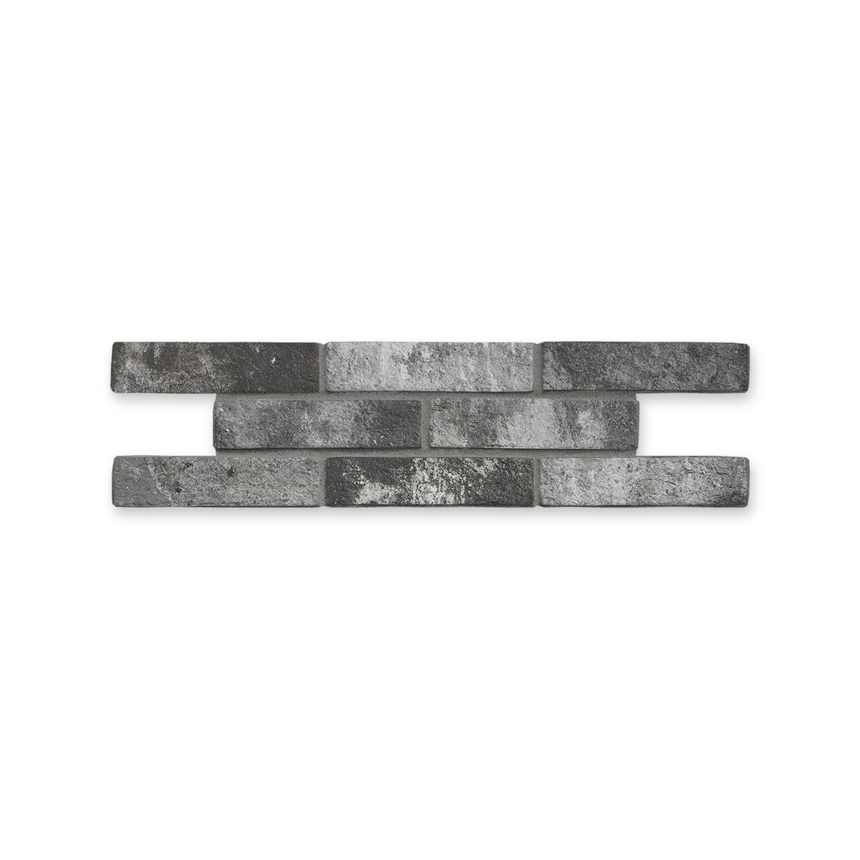 London Brick Charcoal 60x250mm porcelain tiles in three staggered rows on white with a subtle shadow