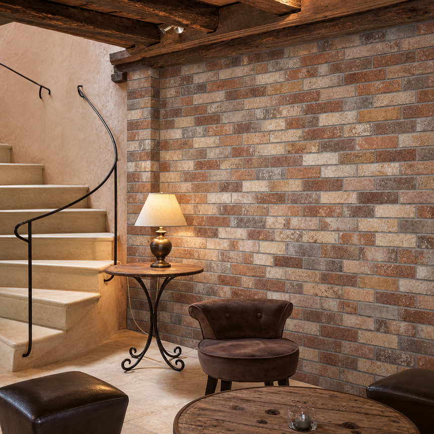 AI-styled staircase sitting area with London Brick Multicolor 60x250mm brick-look porcelain wall tiles