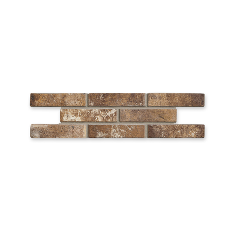 London Brick Sunset 60x250mm porcelain tiles in three staggered rows on white with a subtle shadow