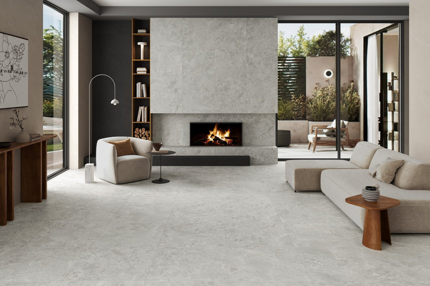 Matera Cielo stone look tiles in a room setting