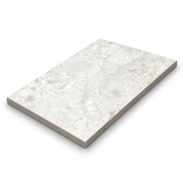 Matera Luna White stone look porcelain 400x600mm, 20mm thick, angled product illustration with plain porcelain biscuit sides