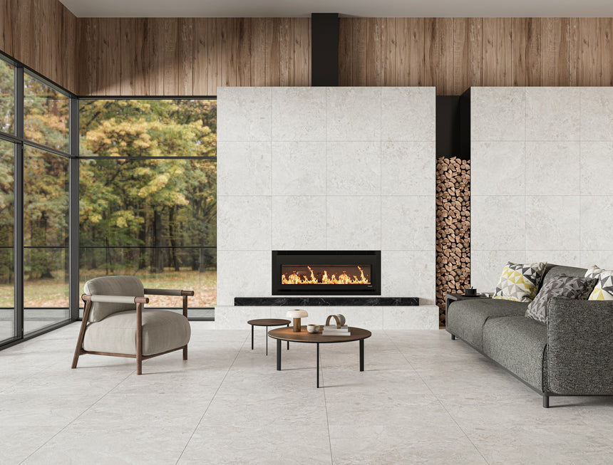 Matera Luna stone look tiles in a room setting