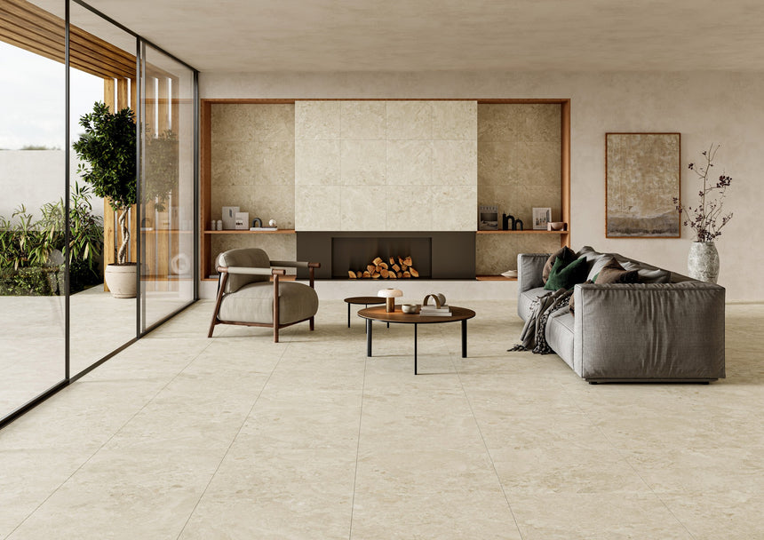 Matera Sola Beige stone look tiles in the supplier room setting