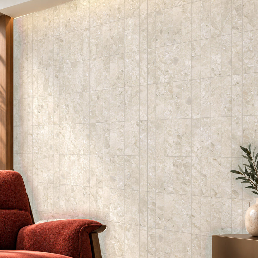 Matera Sola Beige 60x250mm stone look subway tiles, vertical stacked feature wall with concealed warm lighting, design illustration
