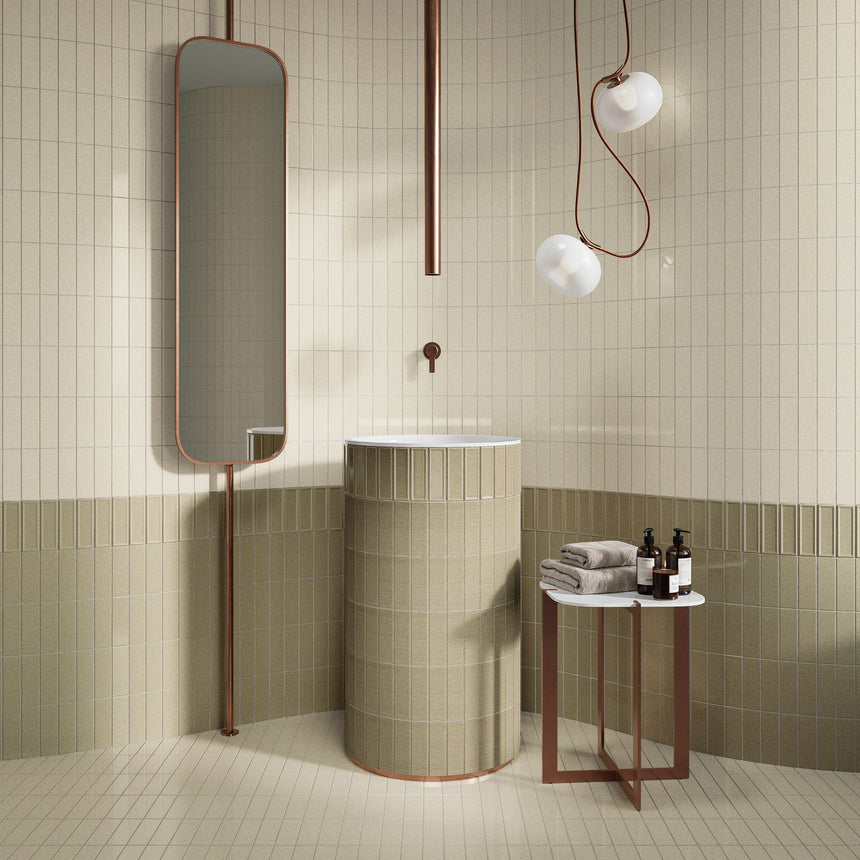 Bathroom with Micare Linen Light and Dark walls, Rim Linen Dark trim, a Rim and Canale Linen Dark basin, and Linen Medium floor.