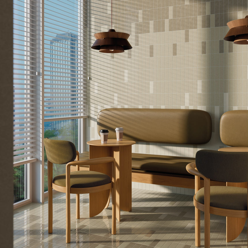 Cafe interior with a mix of Micare Linen Light, Medium and Dark tiles on the wall and floor.