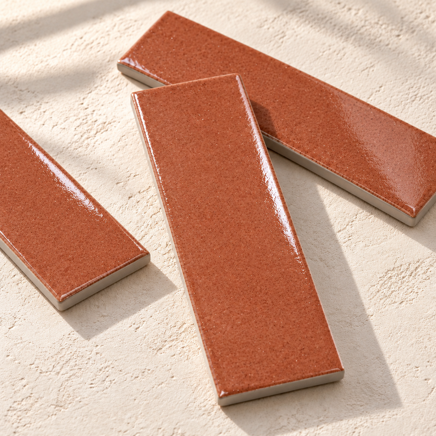 Micare Saffron Light Gloss Porcelain Wall Tile 50x150mm — AI-generated styled preview; refer to original tile photo and physical sample for colour and finish
