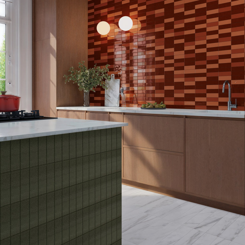 Kitchen with a Micare Saffron Light, Medium and Dark splashback and Canale Evergreen Dark island cladding.