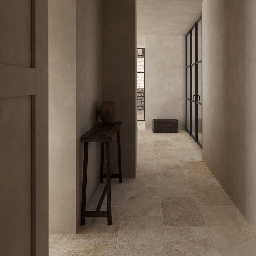 Noosa Ivory 400x600 travertine look porcelain tile with irregular edges