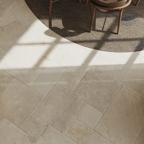 Noosa Beige French Pattern Travertine Look Porcelain Tile with irregular edges