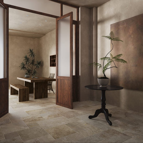 Noosa French Pattern Travertine Look Ivory Matt Porcelain Tile lifestyle image