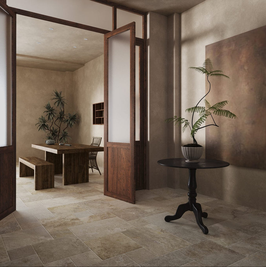 Noosa French Pattern Travertine Look Ivory Matt Porcelain Tile lifestyle image