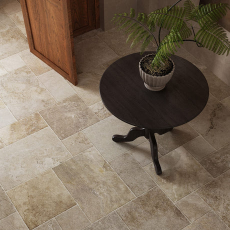 Noosa Ivory French Pattern travertine look porcelain floor tile in living area