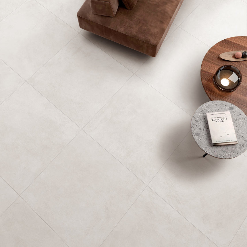 Venice Bianco 600x600mm Matt square floor tiles in a living area