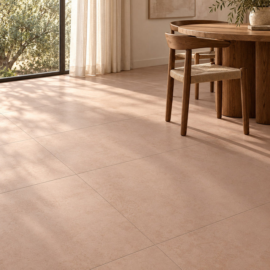 Design illustration (AI-generated): Venice Clay 600x600mm Matt Concrete Look Square Tile in a living area styling concept