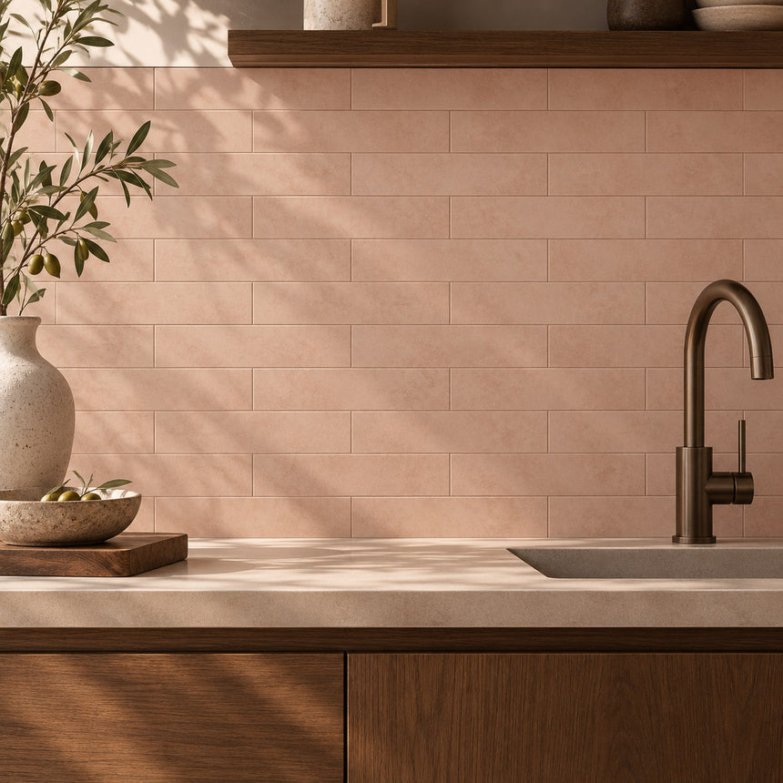 Design illustration (AI-generated): Venice Clay 60x250mm Matt Subway Tile in a kitchen styling concept