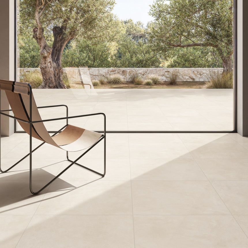 Venice Sabbia 600x600mm Matt square floor tiles in a sunlit living area