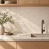 Design illustration (AI-generated): Venice Sabbia 60x250mm Matt Subway Tile in a kitchen styling concept
