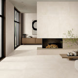 Venice Sabbia 600x1200mm Matt flooring with a matching 3D Capsule fireplace feature wall
