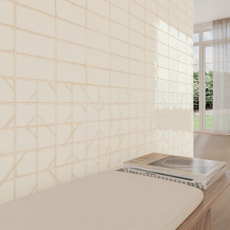 WOW Yoko Daisy room setting with flat and Origami gloss ceramic wall tiles